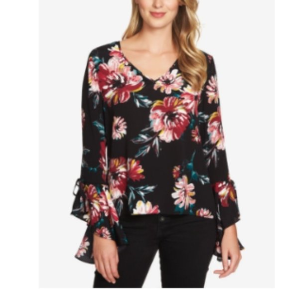 1. State Tops - NWT 1.State Floral Print Cascade Long Sleeve Blouse Women's Sz Small - Black